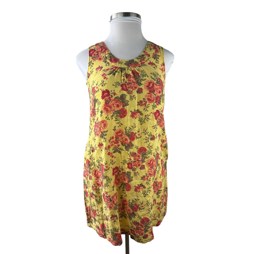 FLAX 100% Linen Shift Dress Floral Yellow Sleeveless Women's Size P Petite - Picture 11 of 12